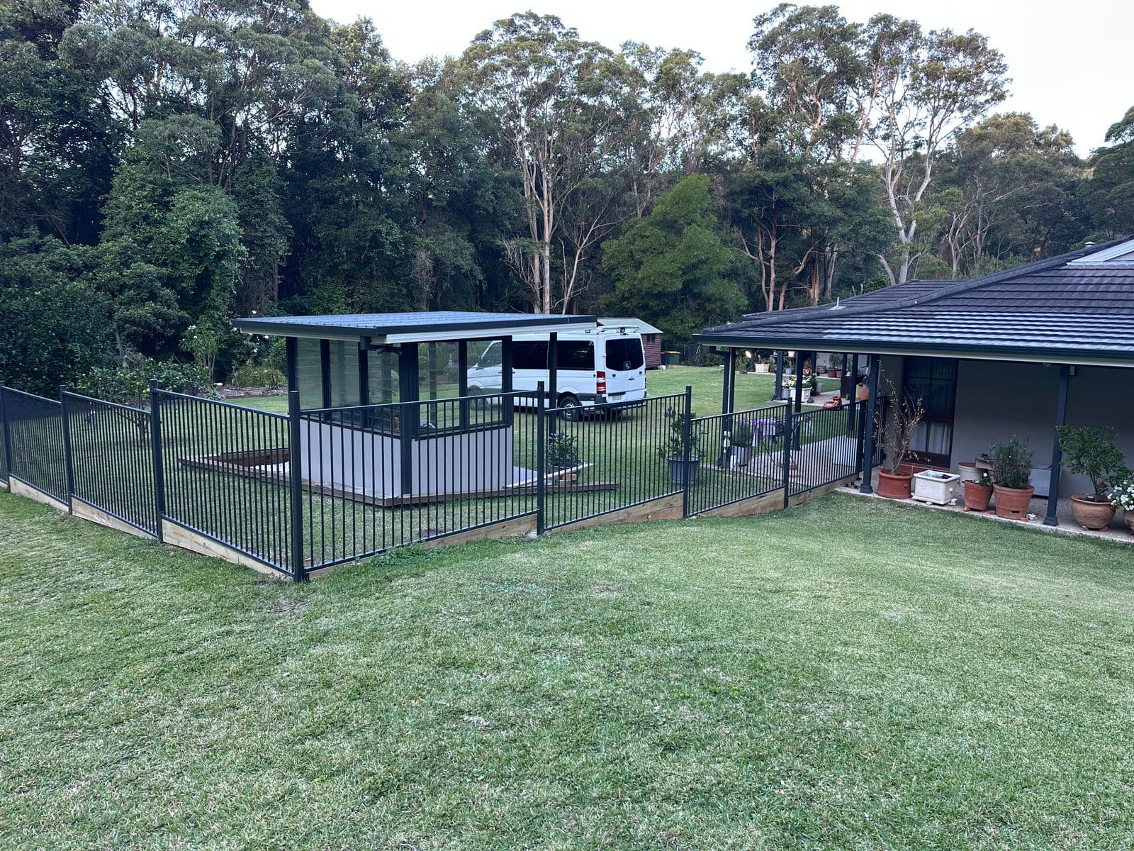 Black tubular steel pool fence — paddock perimeter, Hunter Valley